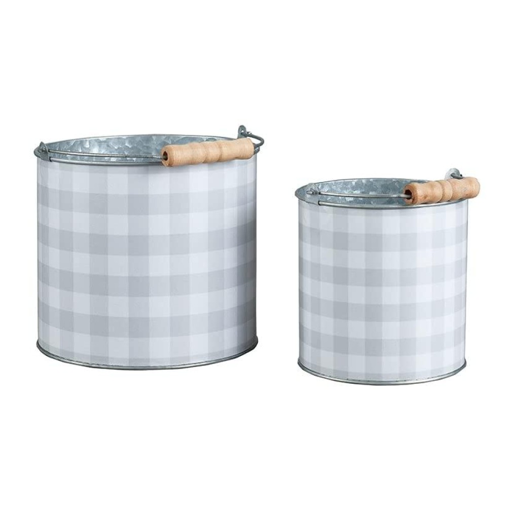 Metal Checkered Planter Buckets with Carrying Handles Set of 2 Grey