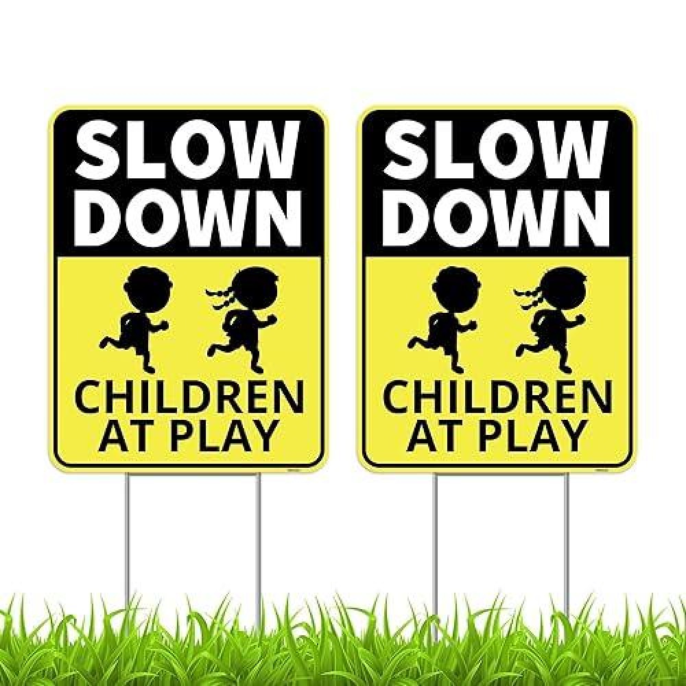 2Pc Slow Down Children At Play Safety Signs For Street With Stakes 13X17 Double Sided Signs Corrugated Plastic Cautio