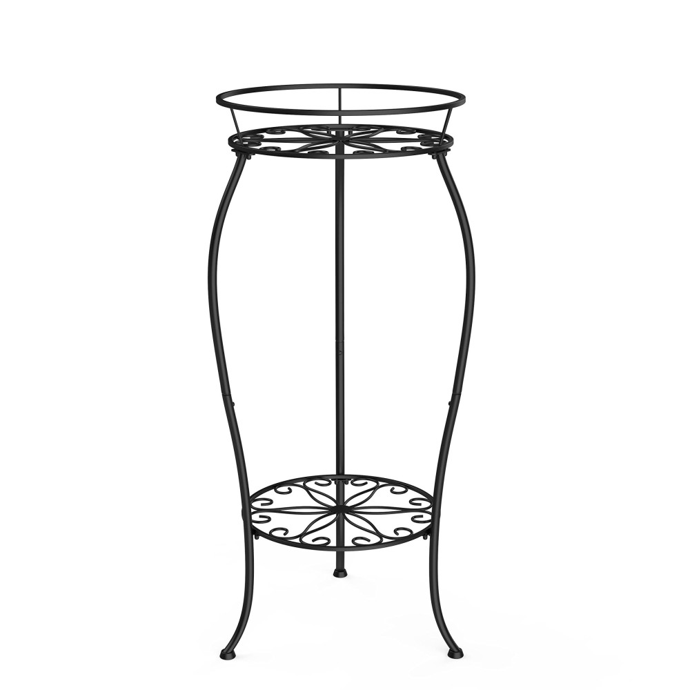 Faithland Plant Stand Metal Planter Holder Indoor Outdoor 2 Tier Round Potted Supports Rack Corner Display Shelf Black Tall