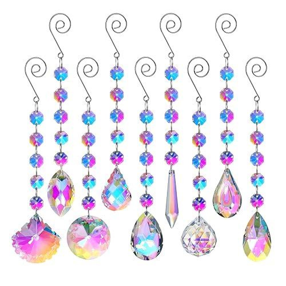 Hdcrystalgifts 9 Pack Iridescent Sun Catchers With Crystals Rainbow Maker Crystal Suncatchers For Window Hanging Colored Glass Wind Chimes Prism Pendant Suncatcher Beads For Decoration