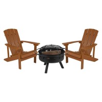 3 Piece Charlestown Teak Poly Resin Wood Adirondack Chair Set with Fire Pit Star and Moon Fire Pit with Mesh Cover