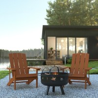 3 Piece Charlestown Teak Poly Resin Wood Adirondack Chair Set with Fire Pit Star and Moon Fire Pit with Mesh Cover