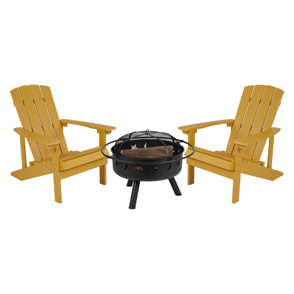 3 Piece Charlestown Yellow Poly Resin Wood Adirondack Chair Set with Fire Pit Star and Moon Fire Pit with Mesh Cover