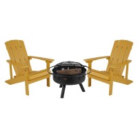 3 Piece Charlestown Yellow Poly Resin Wood Adirondack Chair Set with Fire Pit Star and Moon Fire Pit with Mesh Cover