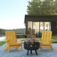 3 Piece Charlestown Yellow Poly Resin Wood Adirondack Chair Set with Fire Pit Star and Moon Fire Pit with Mesh Cover