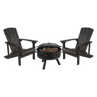 3 Piece Charlestown Slate Gray Poly Resin Wood Adirondack Chair Set with Fire Pit Star and Moon Fire Pit with Mesh Cover