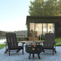 3 Piece Charlestown Slate Gray Poly Resin Wood Adirondack Chair Set with Fire Pit Star and Moon Fire Pit with Mesh Cover