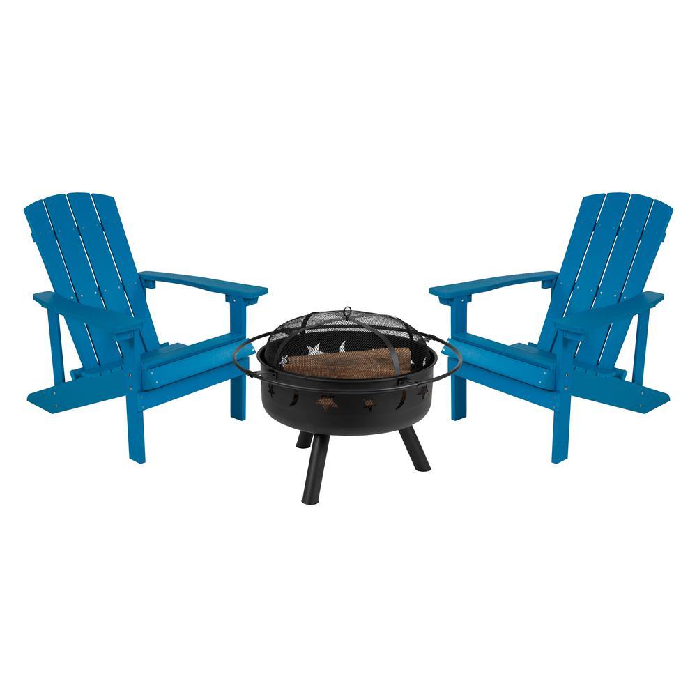 3 Piece Charlestown Blue Poly Resin Wood Adirondack Chair Set with Fire Pit Star and Moon Fire Pit with Mesh Cover