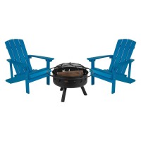 3 Piece Charlestown Blue Poly Resin Wood Adirondack Chair Set with Fire Pit Star and Moon Fire Pit with Mesh Cover