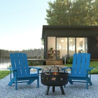 3 Piece Charlestown Blue Poly Resin Wood Adirondack Chair Set with Fire Pit Star and Moon Fire Pit with Mesh Cover