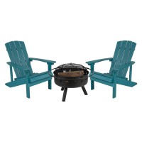 3 Piece Charlestown Sea Foam Poly Resin Wood Adirondack Chair Set With Fire Pit - Star And Moon Fire Pit With Mesh Cover