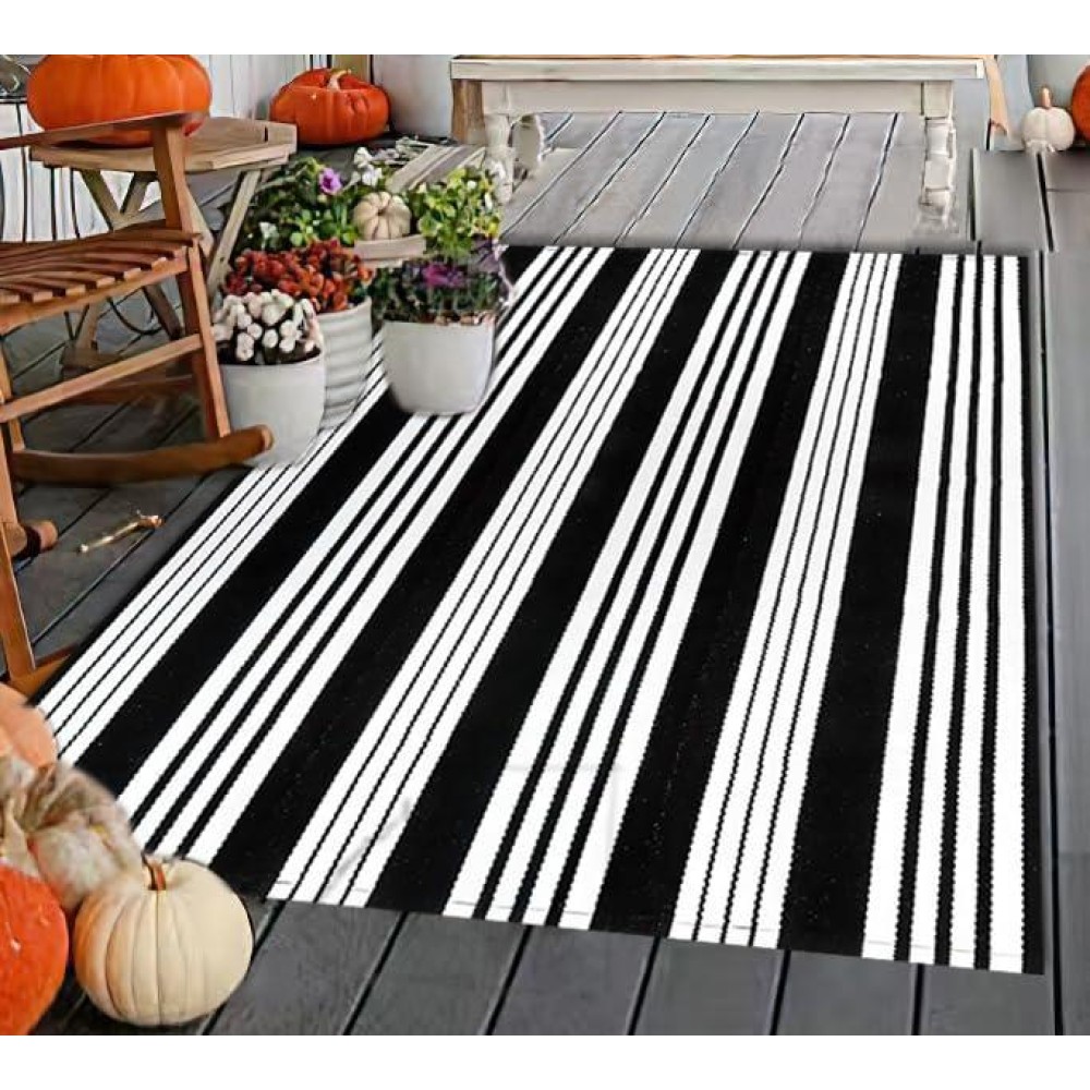 Buagetup Black And White Striped Outdoor Patio Rug 4 X 6 Hand Woven Cotton Patio Rug Front Porch Rug Indoor Outdoor Area Rug F