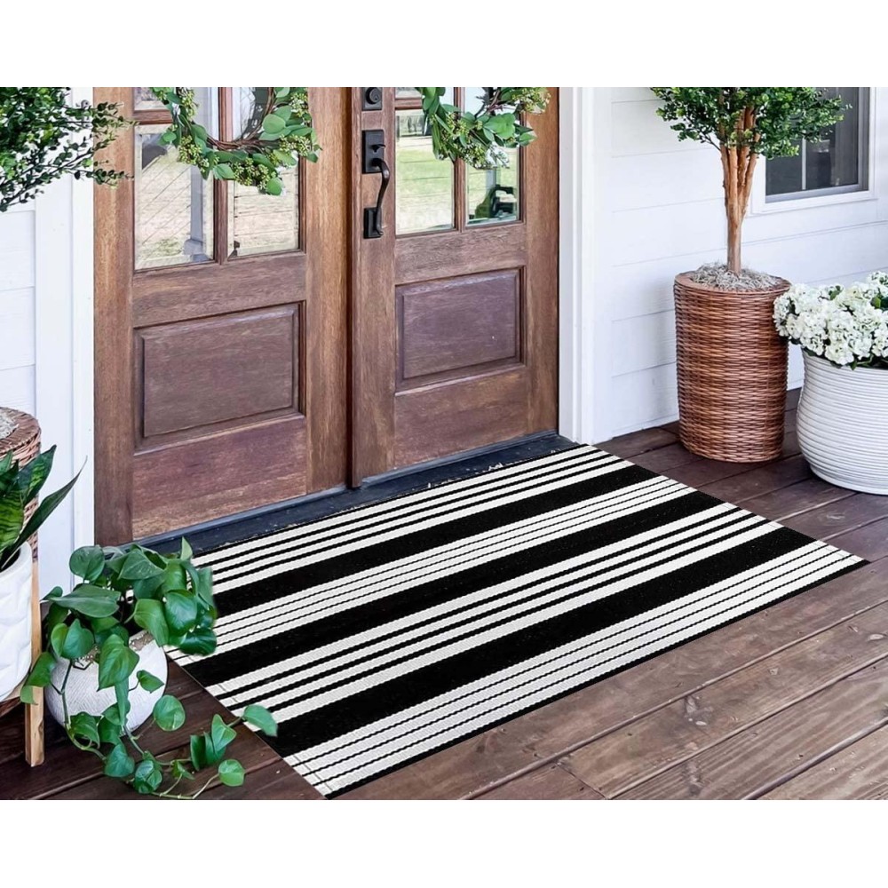 Striped Outdoor Porch Rug 24 X 51Black And White Front Machine Washable Handwoven Indooroutdoor Layered Door Mats For Ent