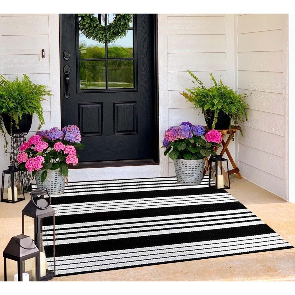 Buagetup Black And White Outdoor Rug 3X 5 Handwoven Cotton Washable Rug Striped Front Porch Rug Machine Washable Indooroutdo