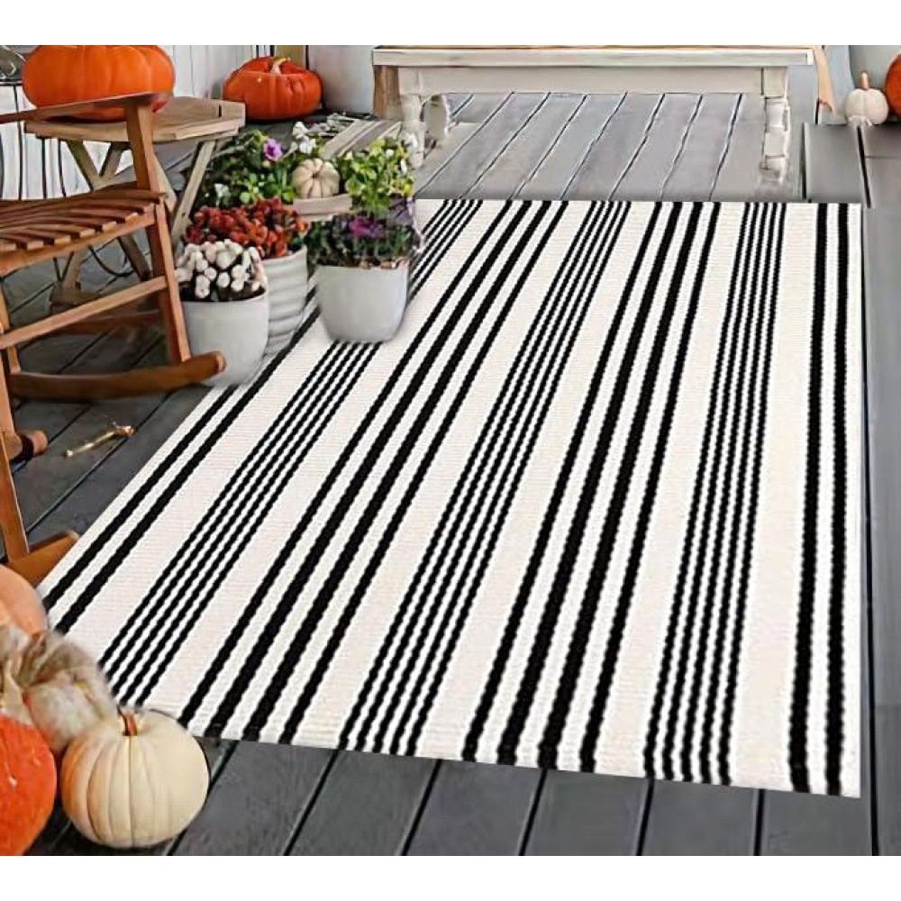 Buagetup Black And White Striped Outdoor Patio Rug 4 X 6 Hand Woven Cotton Patio Rug Front Porch Rug Indoor Outdoor Area Rug F