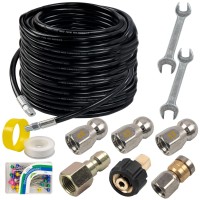 Hourleey 100Ft Sewer Jetter Kit For Pressure Washer Drain Cleaner Hose 14 Inch Npt Orifice 40 Button Nose And Rotating Sewer