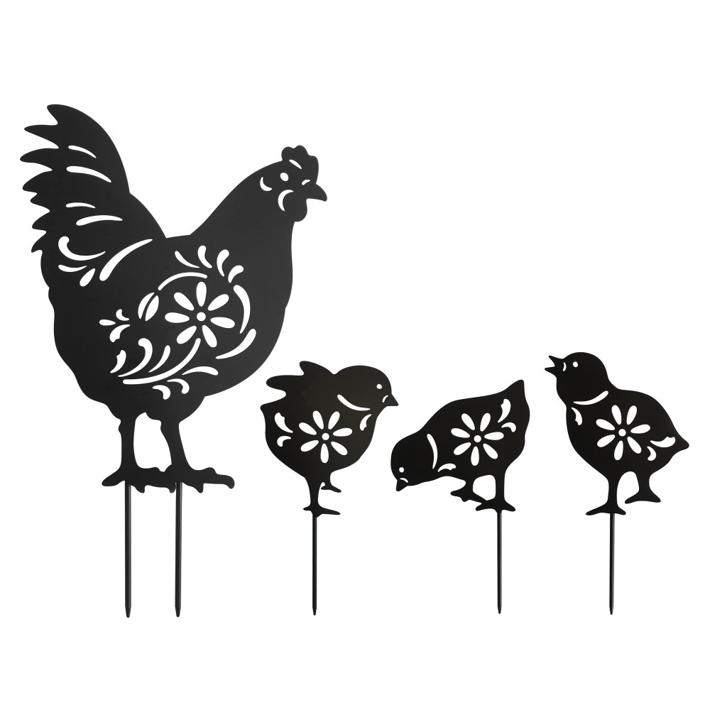 Hokfirm Garden Metal Stakes Outdoor Garden Art Farm Yard Lawn Decor Animal Silhouette Garden Stakes Chicken Statues Set Of 4