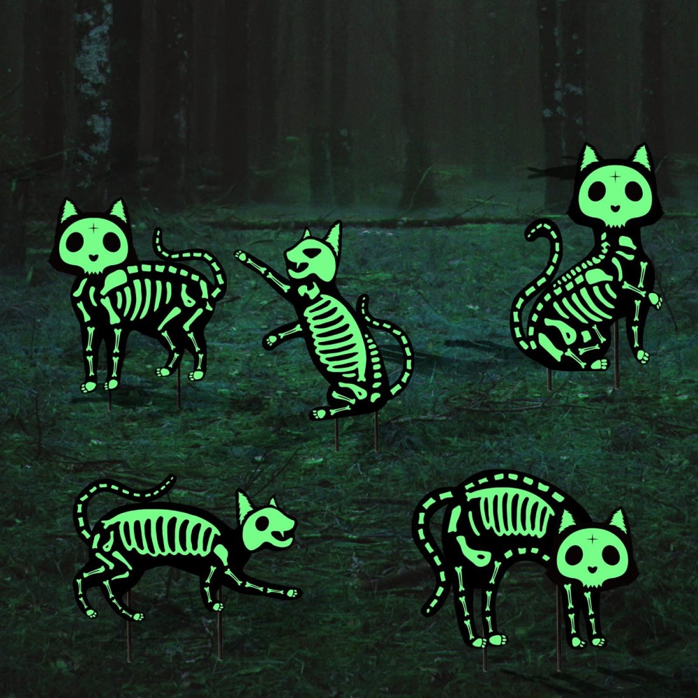 Outdoor Halloween Decorations Yard Signs 5Pcs Glow In The Dark Skeleton Black Cat Silhouette Lawn Signs With Stakes For Hallow