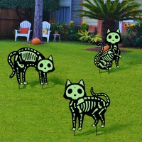 Outdoor Halloween Decorations Yard Signs 5Pcs Glow In The Dark Skeleton Black Cat Silhouette Lawn Signs With Stakes For Hallow