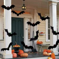 Yujun Halloween Hanging Bats 12 Pieces 3D Realistic Scary Large Fake Black Hanging Flying Bat Spooky For Yard Sign Outdoor Indoo