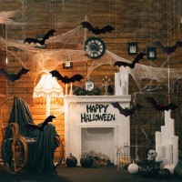 Yujun Halloween Hanging Bats 12 Pieces 3D Realistic Scary Large Fake Black Hanging Flying Bat Spooky For Yard Sign Outdoor Indoo