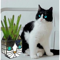 Tiffany Cute Cat Stained Glass Flower Pots Indoor And Outdoor Plant Displays Cat Plant Planter Candle Holder Container Decoratio