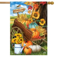 Briarwood Lane Pumpkin Cart Autumn House Flag Sunflowers Watering Can 28 X 40