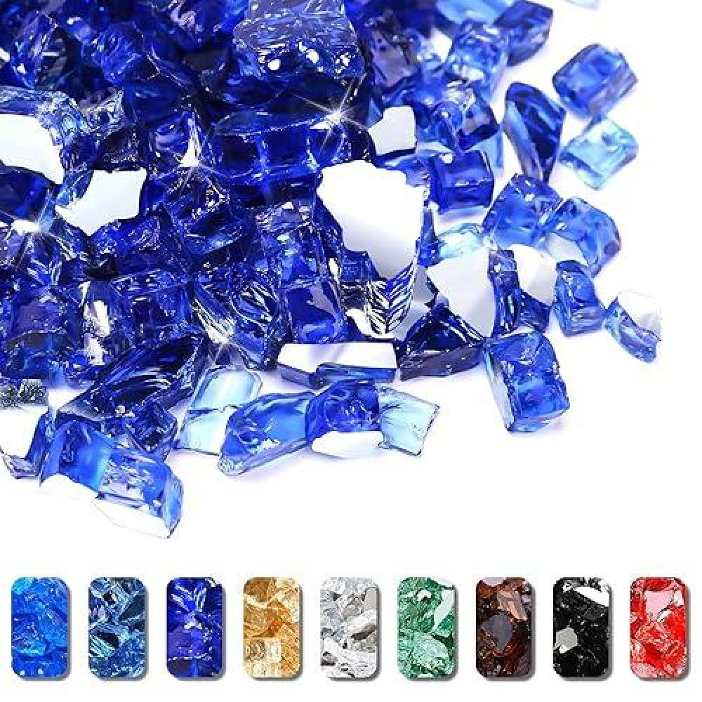 Grisun Blue Fire Glass For Fire Pit 20 Pounds 12 Inch High Luster Reflective Tempered Glass Rocks For Natural Or Propane Firep