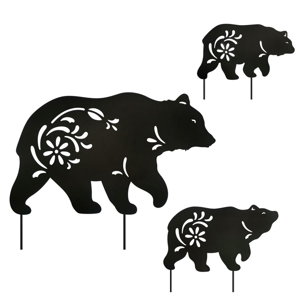 Hokfirm Metal Bear Stake Outdoor Metal Animal Statue Silhouette Bear Stake Outdoor Decorative Metal Animal Stakes Set Of 3