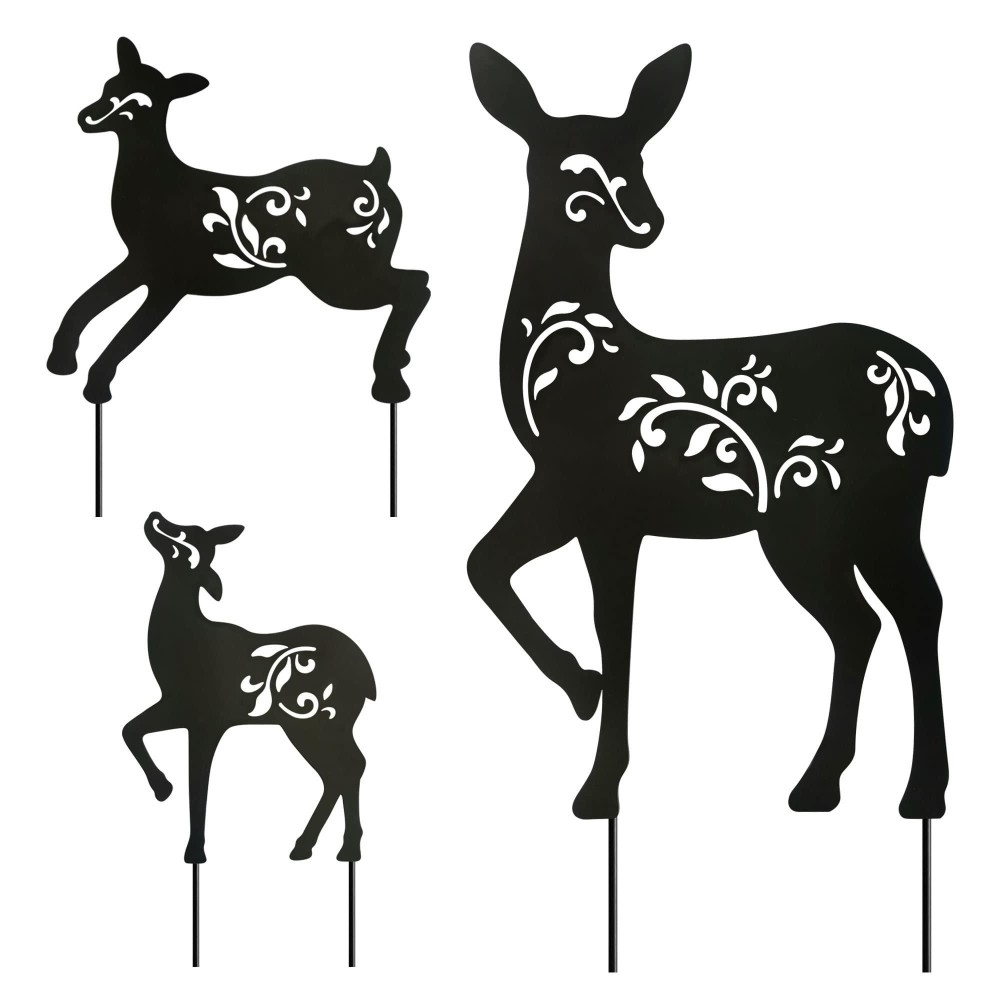 Hokfirm Metal Deer Stake Outdoor Metal Animal Statue Silhouette Deer Stake Outdoor Decorative Metal Animal Stakes Set Of 3