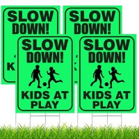 4 Pieces Slow Down Kids At Play Sign With Metal Stake 12 X 16 Inch Kids At Play Safety Signs Double Sided Child Safety Caution