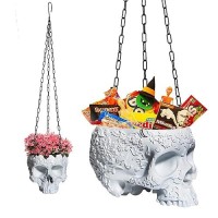 Halloween Hanging Skull Candy Dish Trick Or Treat Bowl & Plant Planter Pot - With Metal Chain & Hook - 6