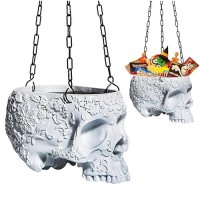 Halloween Hanging Skull Candy Dish Trick Or Treat Bowl & Plant Planter Pot - With Metal Chain & Hook - 6