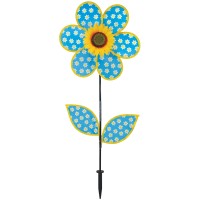 In The Breeze 2649 16Inch Blue Daisy Sunflower Wind Spinner With Leaves Colorful Flower For Yard And Garden