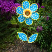 In The Breeze 2649 16Inch Blue Daisy Sunflower Wind Spinner With Leaves Colorful Flower For Yard And Garden