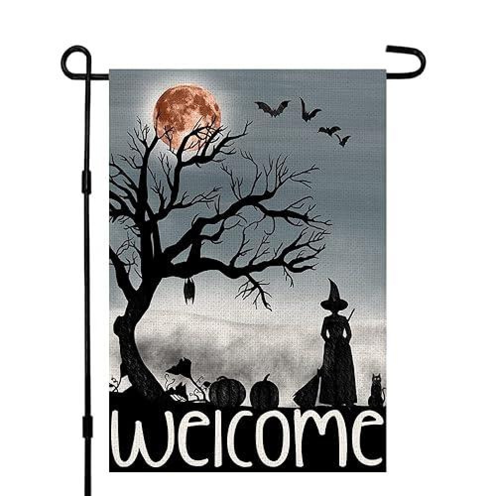 Welcome Halloween Garden Flag 12 X 18 Inch Double Sided Burlap Small Witch Pumpkin Flag Outside Porch Decor Halloween Yard Decor