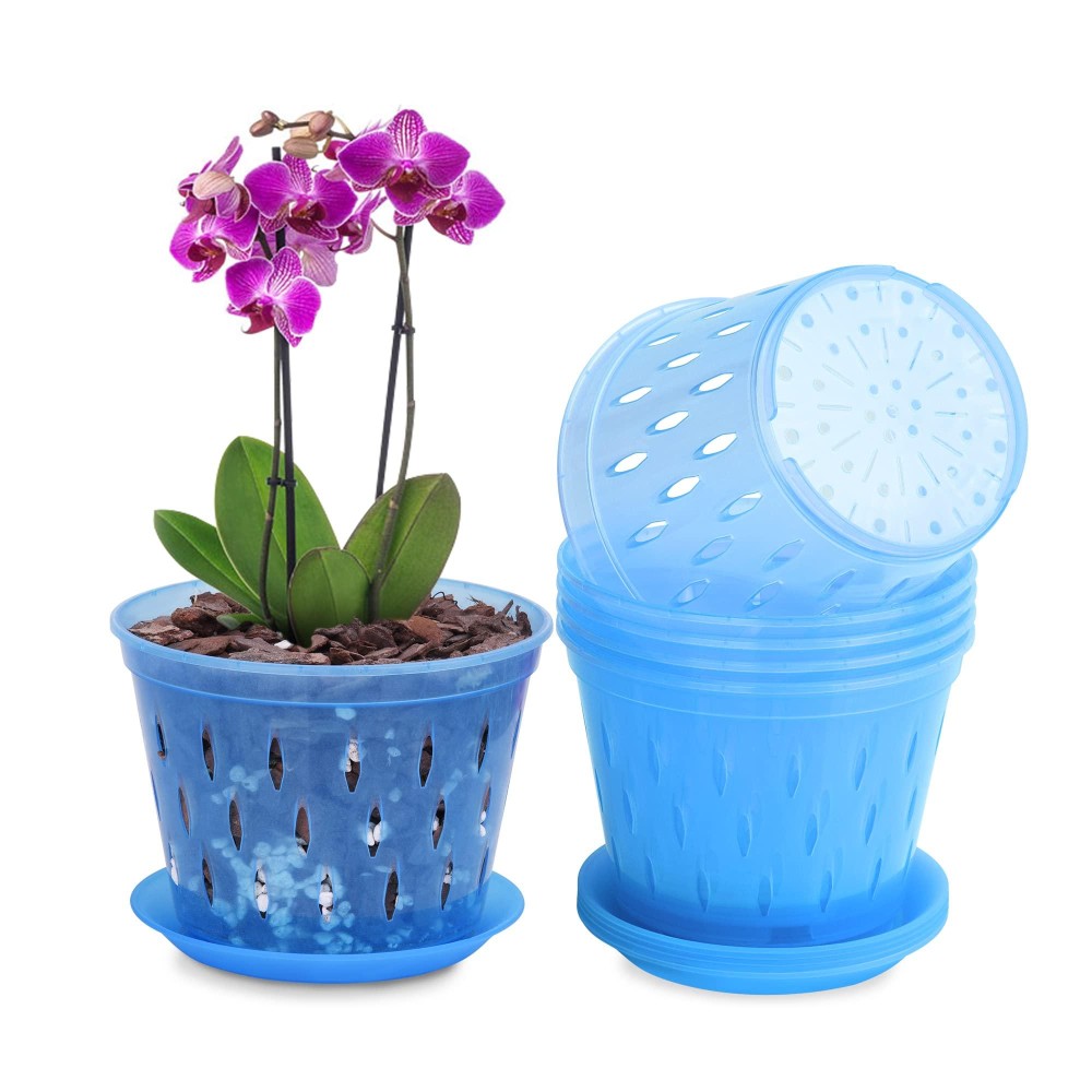 Kitypartsy Orchid Pot 5 Inch 6 Pack Orchid Pots With Holes And Saucers Clear Plastic Orchid Potsblue Sapphire