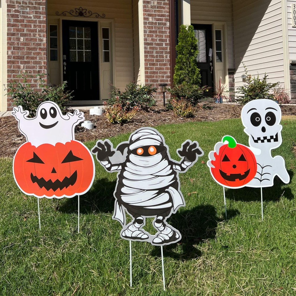 3Pcs Yard Signs For Halloween Props Yard Stakes Pumpkin Ghost Monster Yard Sign Stakes For Halloween Decorations Outdoor Lawn De