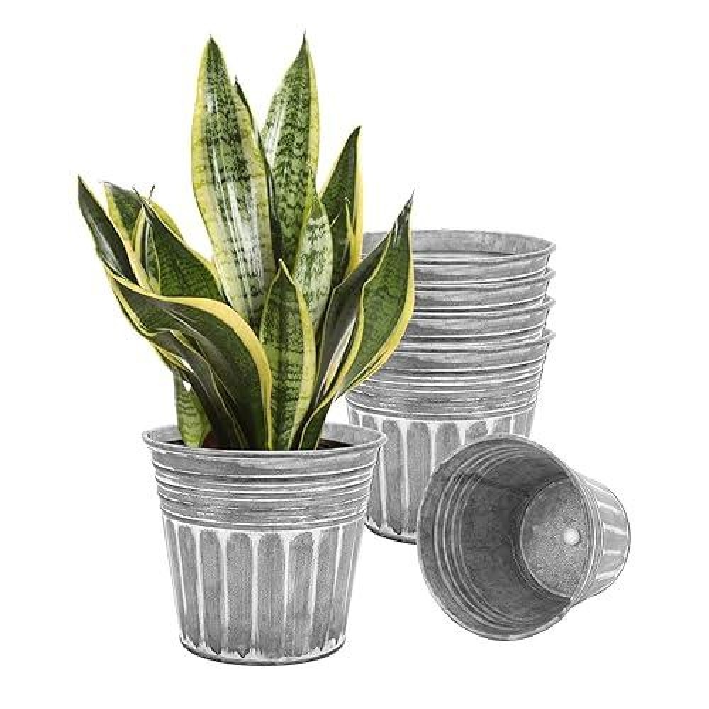 Vensovo 7 Inch Silver Metal Rustic Flower Pots - 6Pcs Medium Galvanized Planters With Drainage Hole And Rubber Plug  Rustproof Metal Bucket Plant Pots Farmhouse Vintage Style For Decor