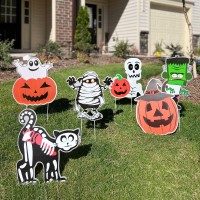 6Pcs Yard Signs For Halloween Props Yard Stakes Pumpkin Ghost Monster Yard Sign Stakes For Halloween Decorations Outdoor Lawn De