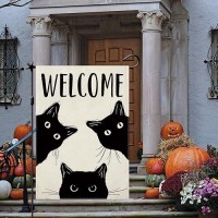 Cmegke Black Cat Garden Flag Cat Flag Welcome Garden Flag Halloween Yard Flag Double Sided Burlap Holiday Halloween Farmhouse Home Outdoor Yard Decor Black Cat Halloween Decor 12.5 X 18 In