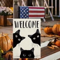 Cmegke Black Cat Garden Flag Cat Flag Welcome Garden Flag Halloween Yard Flag Double Sided Burlap Holiday Halloween Farmhouse Home Outdoor Yard Decor Black Cat Halloween Decor 12.5 X 18 In