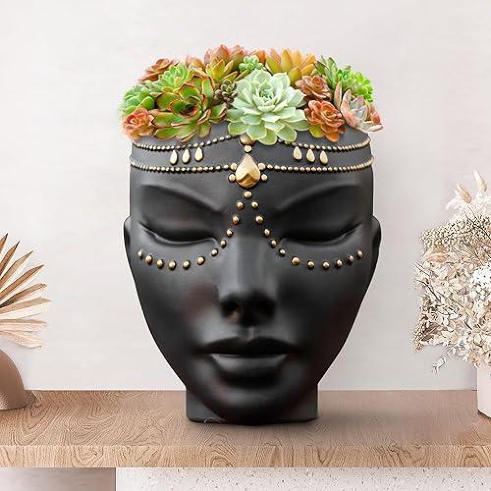 Bossa Linda Head Planter - Indoor & Outdoor Home Decor Gifts For Plant Lovers - For Flat Surface Or Wall Mount - Unique Face Planter For Flowers  Succulents  & More (7 Inch  Serena Design  Black)