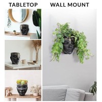 Bossa Linda Head Planter - Indoor & Outdoor Home Decor Gifts For Plant Lovers - For Flat Surface Or Wall Mount - Unique Face Planter For Flowers  Succulents  & More (7 Inch  Serena Design  Black)