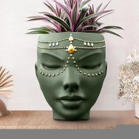 Bossa Linda Head Planter - Indoor & Outdoor Home Decor Gifts For Plant Lovers - For Flat Surface Or Wall Mount - Unique Face Planter For Flowers  Succulents  & More (7 Inch  Serena Design  Green)