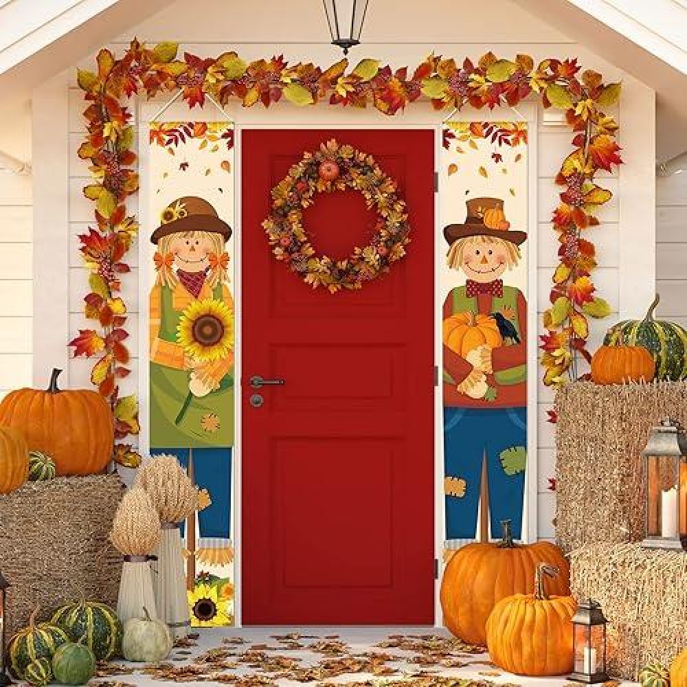 2 Pcs Thanksgiving Porch Sign Banner Fall Harvest Banner Autumn Scarecrow Maple Leaves Pumpkin Hanging Door Sign For Indoor Outd