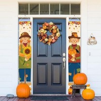 2 Pcs Thanksgiving Porch Sign Banner Fall Harvest Banner Autumn Scarecrow Maple Leaves Pumpkin Hanging Door Sign For Indoor Outd