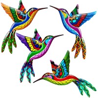 Zyp 4 Pcs Metal Hummingbird Wall Art Decor Metal Colorful Birds 3D Outdoor Sculpture Iron Outdoor Hanging Decor Ornaments Metal