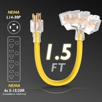 Tooliom 30 Amp Generator Adapter Cord Power Splitter Nema L1430P To 4 X 515R520R Household Plug Etl Listed Generator Exten