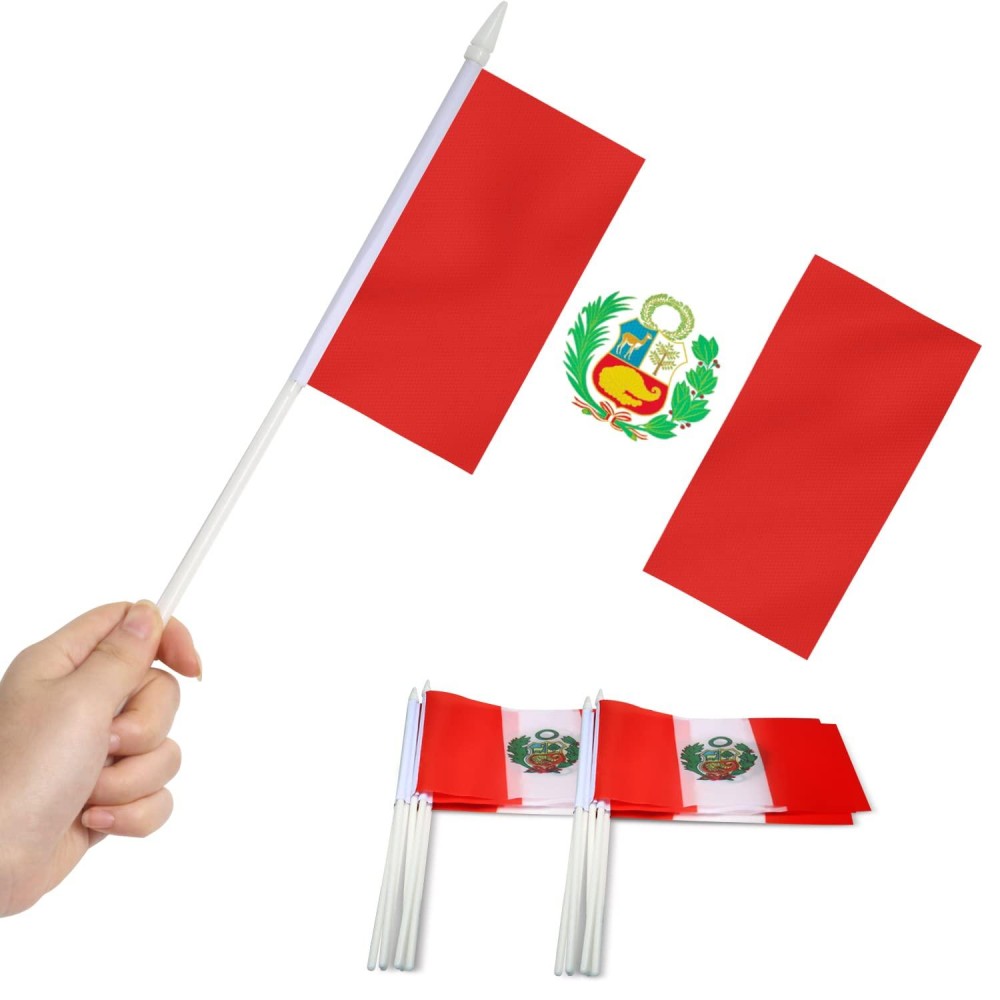 Anley Peru Mini Flag 12 Pack Hand Held Small Miniature Peruvian Flags On Stick Fade Resistant Vivid Colors 5X8 Inch With